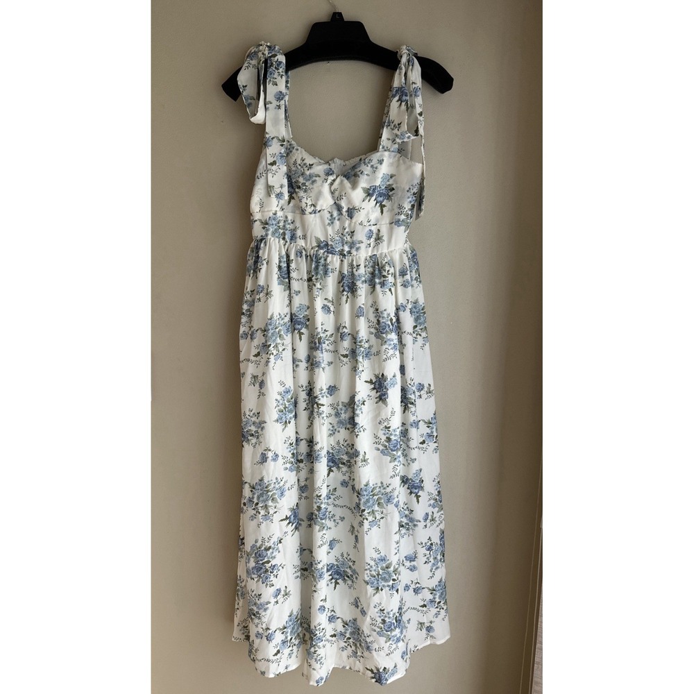 Cider Size M Blue Floral Bowknot Midi Dress Sleeveless NWT Flowing Shirted